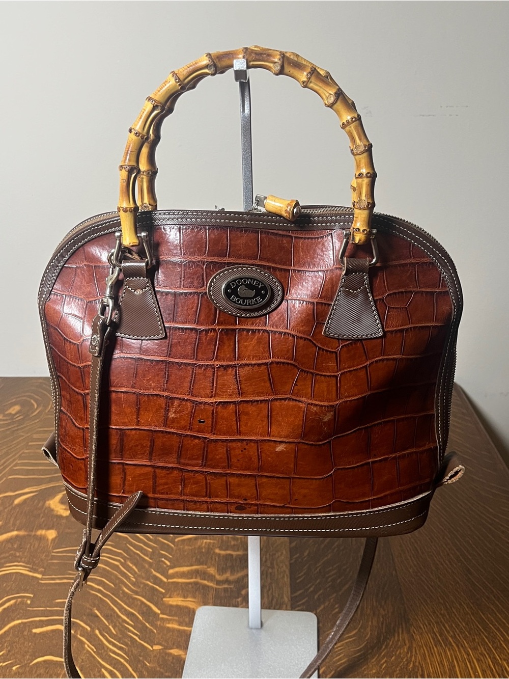 Dooney & Bourke Vintage Brown Croc-Embossed Satchel with Bamboo Handles